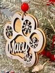 Layered Paw Print Shaped Ornament with Snowflakes Personalized