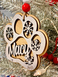 Layered Paw Print Shaped Ornament with Snowflakes Personalized